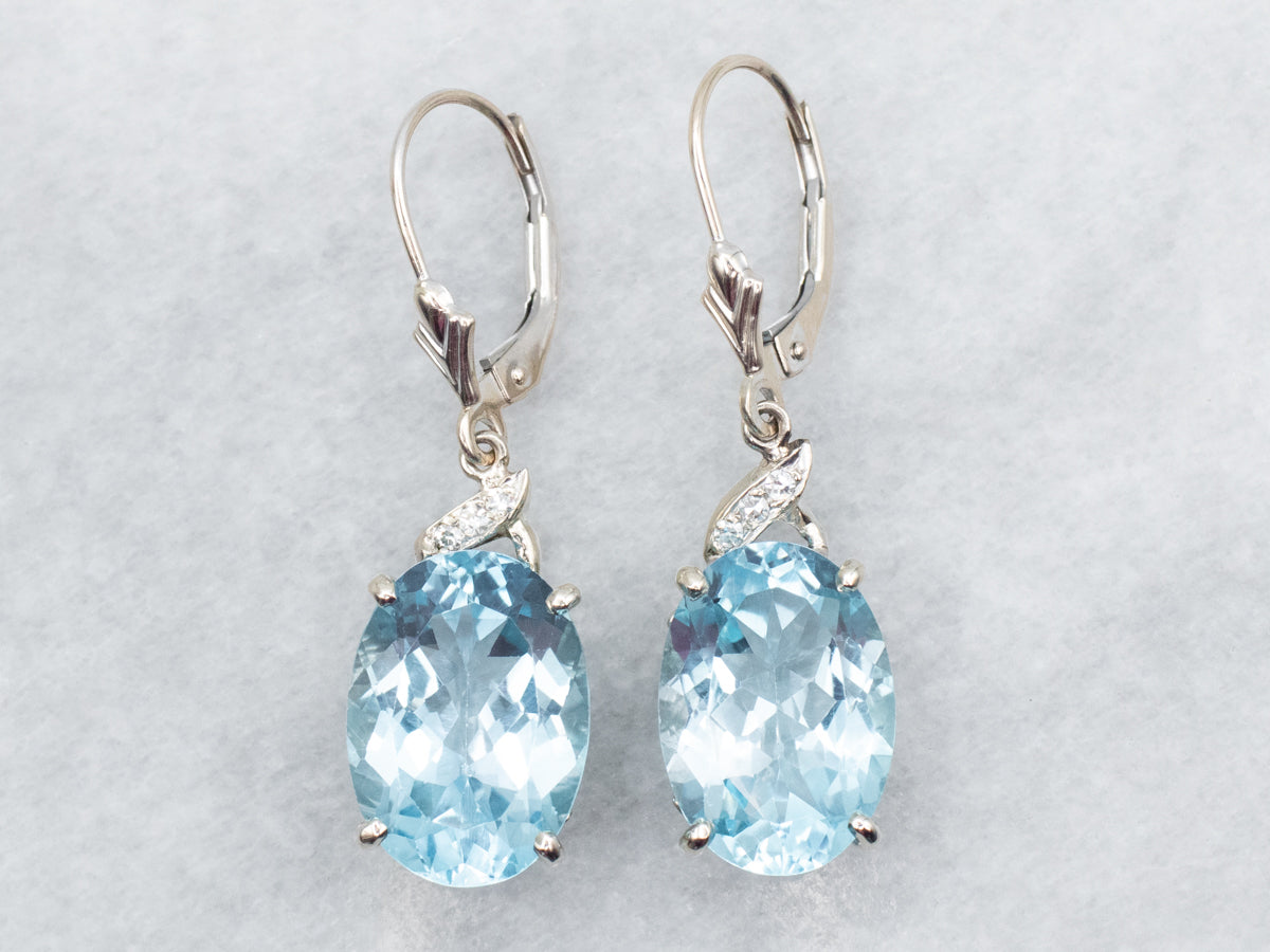 White Gold Blue Topaz and Diamond Drop Earrings