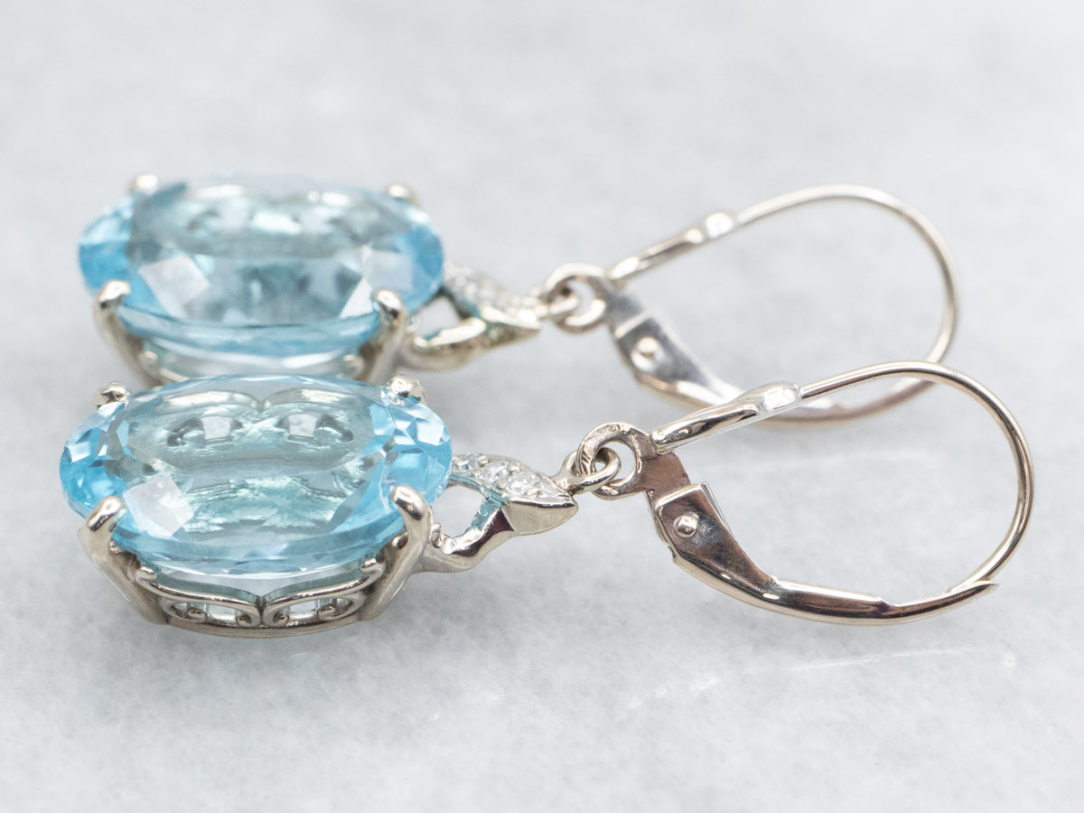 White Gold Blue Topaz and Diamond Drop Earrings