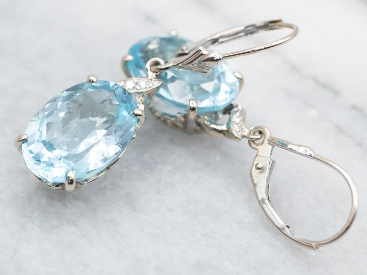 White Gold Blue Topaz and Diamond Drop Earrings