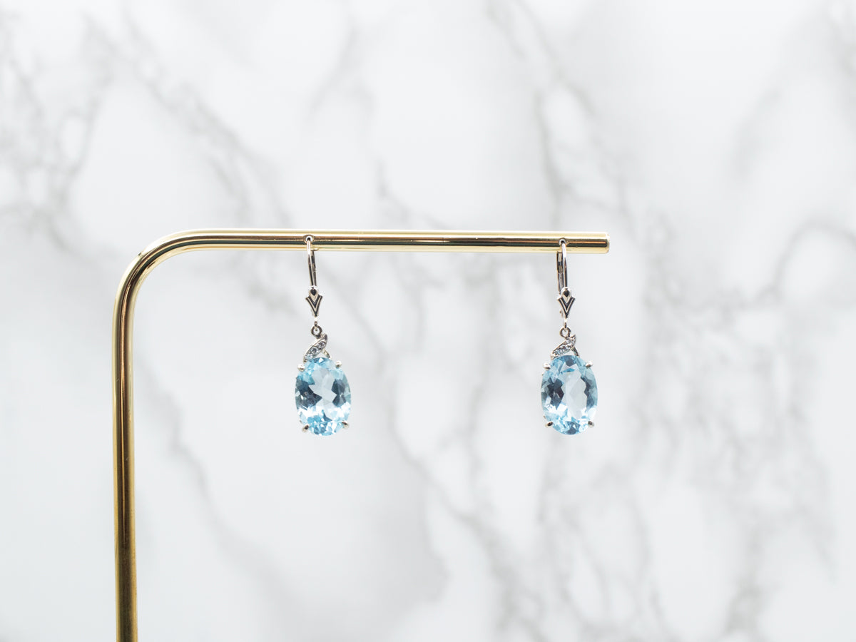 White Gold Blue Topaz and Diamond Drop Earrings