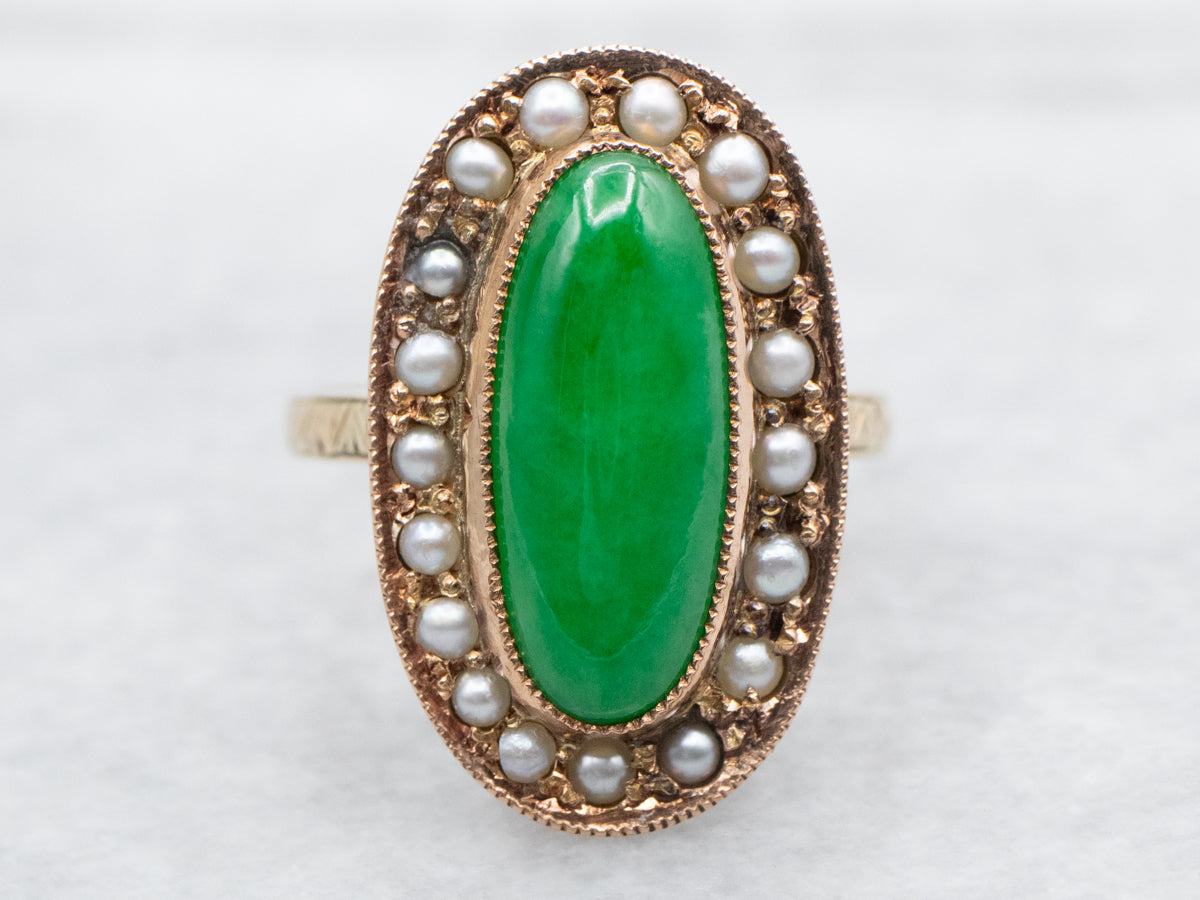 Victorian Gold Jadeite Ring with Seed Pearl Halo