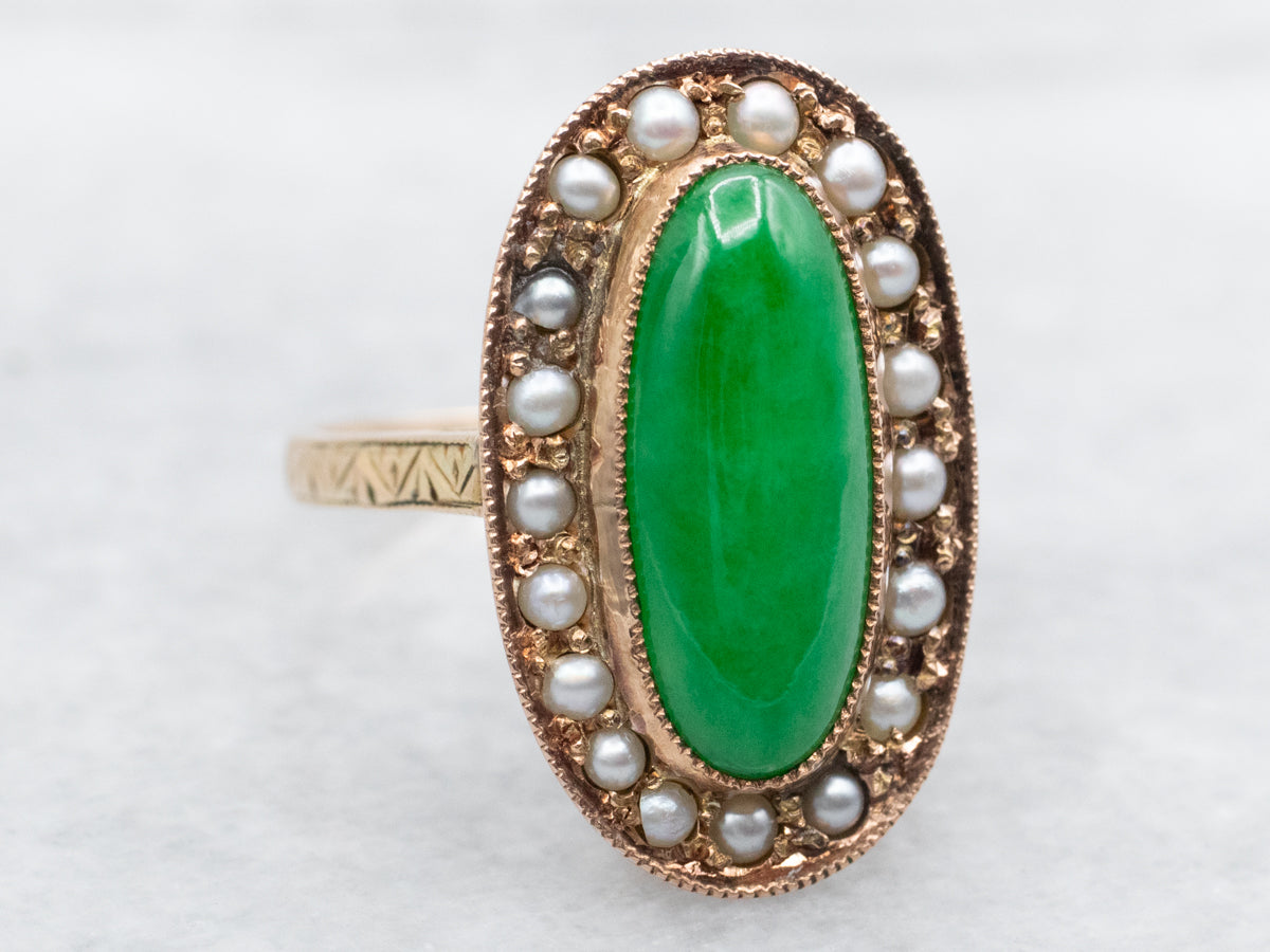 Victorian Gold Jadeite Ring with Seed Pearl Halo