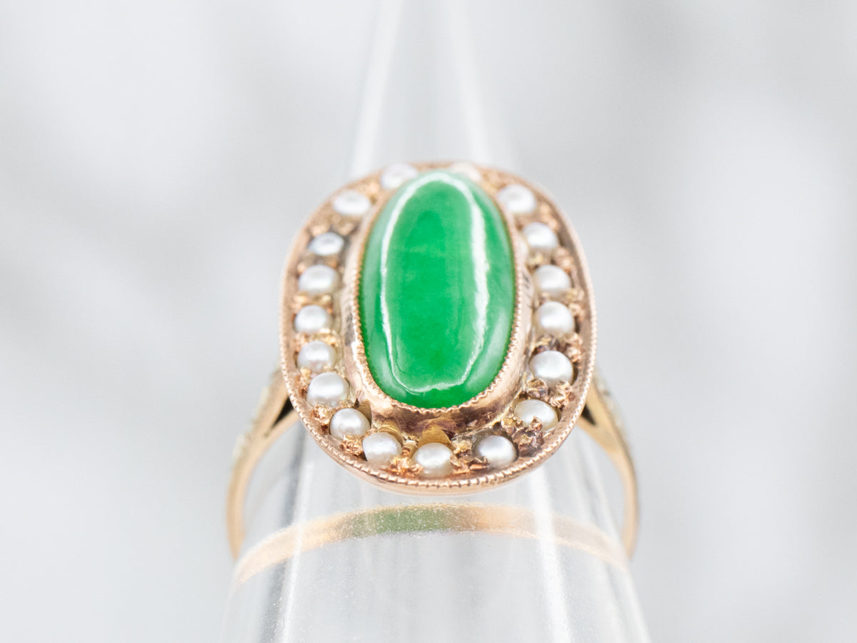 Victorian Gold Jadeite Ring with Seed Pearl Halo