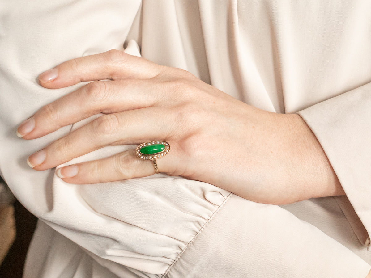 Victorian Gold Jadeite Ring with Seed Pearl Halo