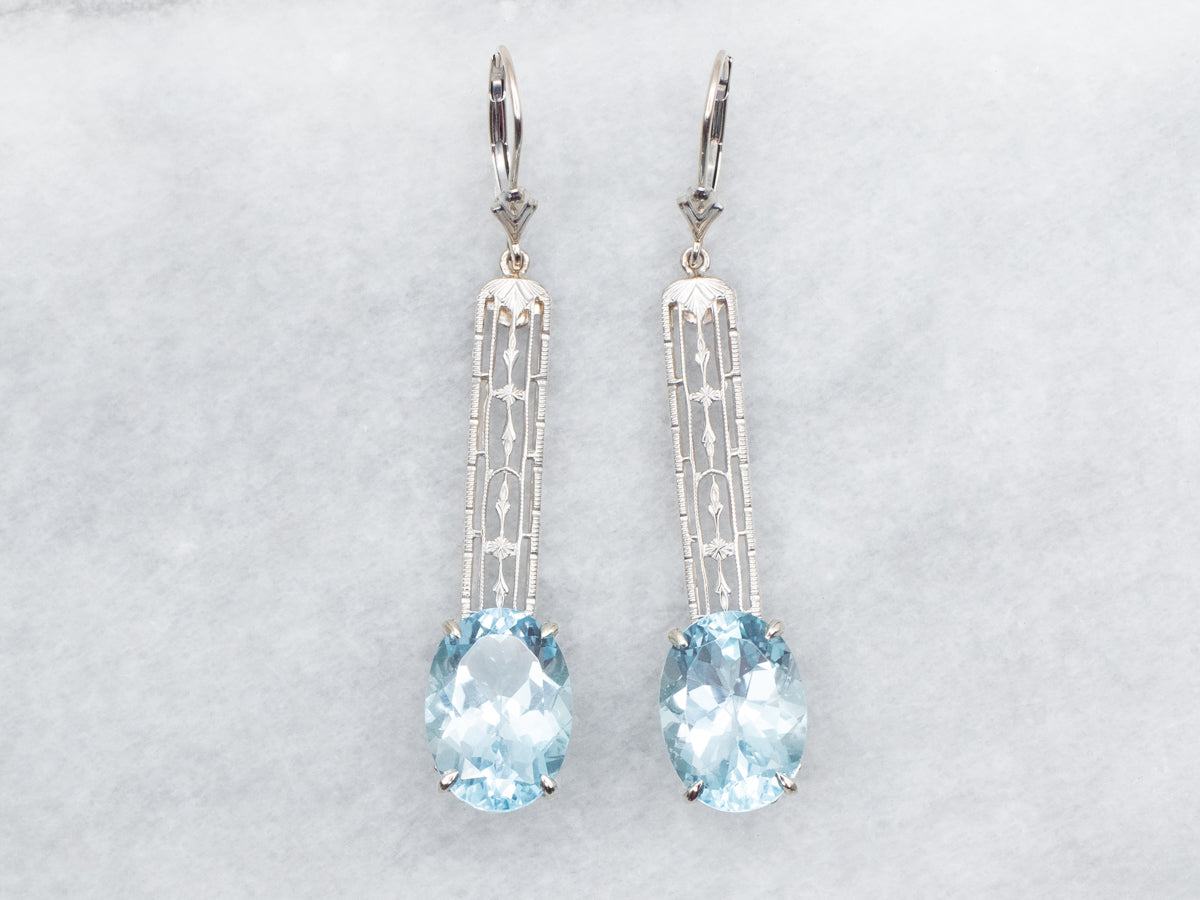 White Gold Blue Topaz Filigree Drop Earrings