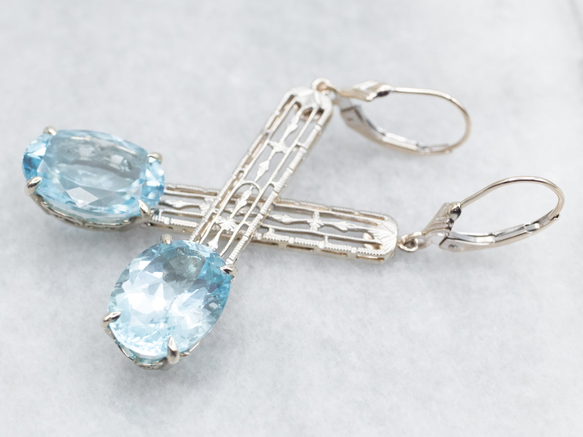 White Gold Blue Topaz Filigree Drop Earrings