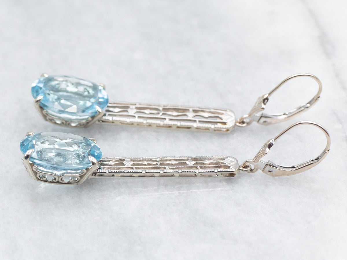 White Gold Blue Topaz Filigree Drop Earrings