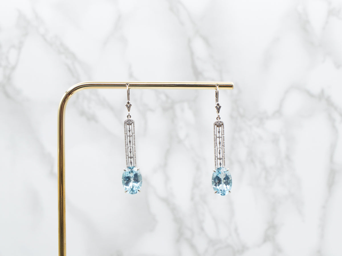 White Gold Blue Topaz Filigree Drop Earrings