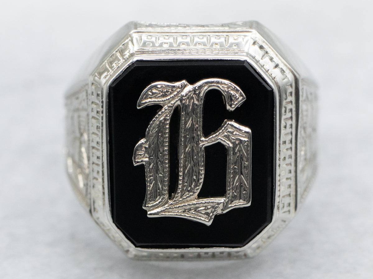 Art Deco "H" Black Onyx Signet Ring