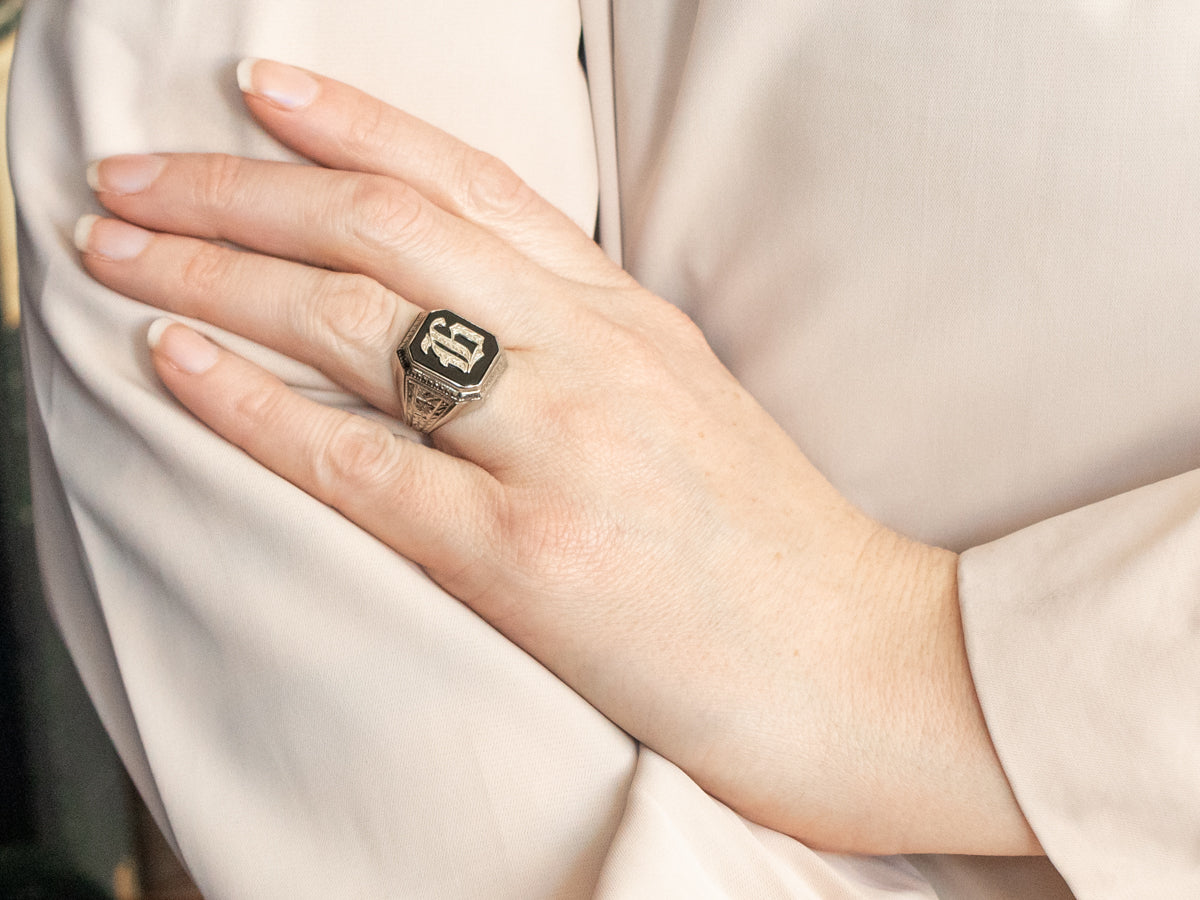 Art Deco H Black Onyx Signet Ring