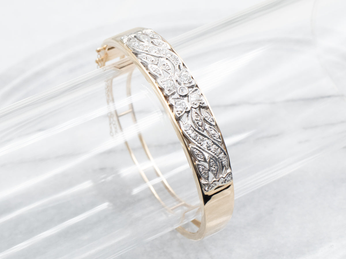 Old Mine Cut and Single Cut Diamond Hinged Bangle Bracelet