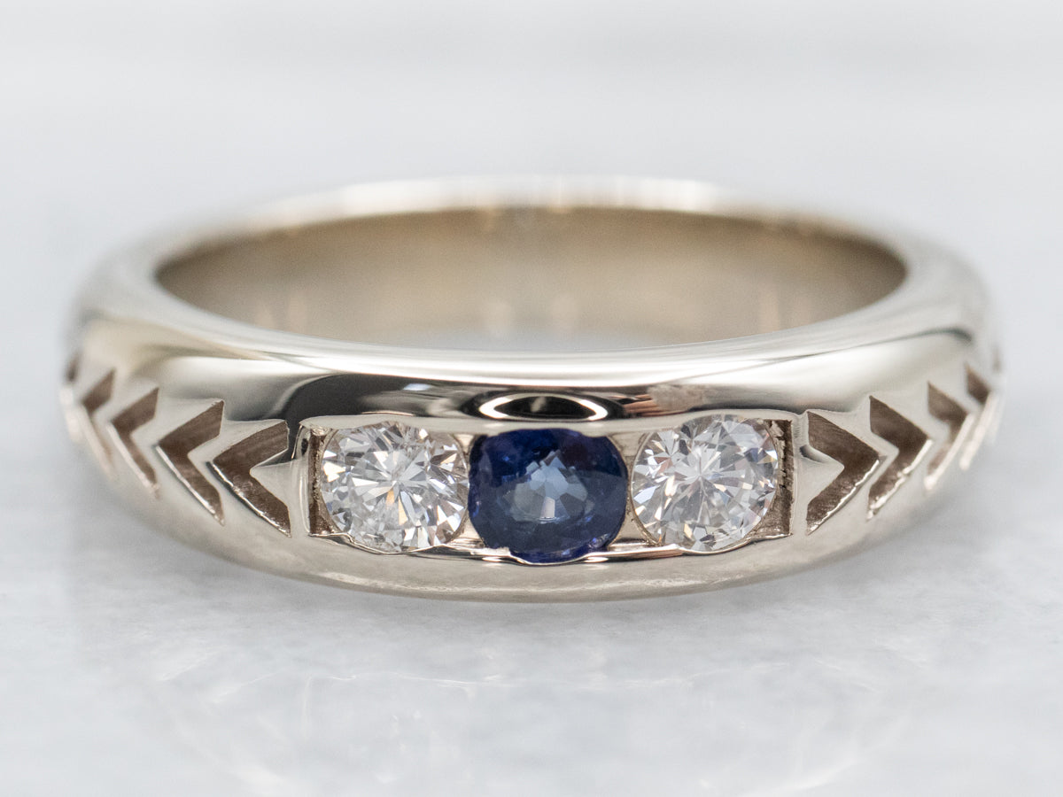 Etched Sapphire and Diamond Wedding Band