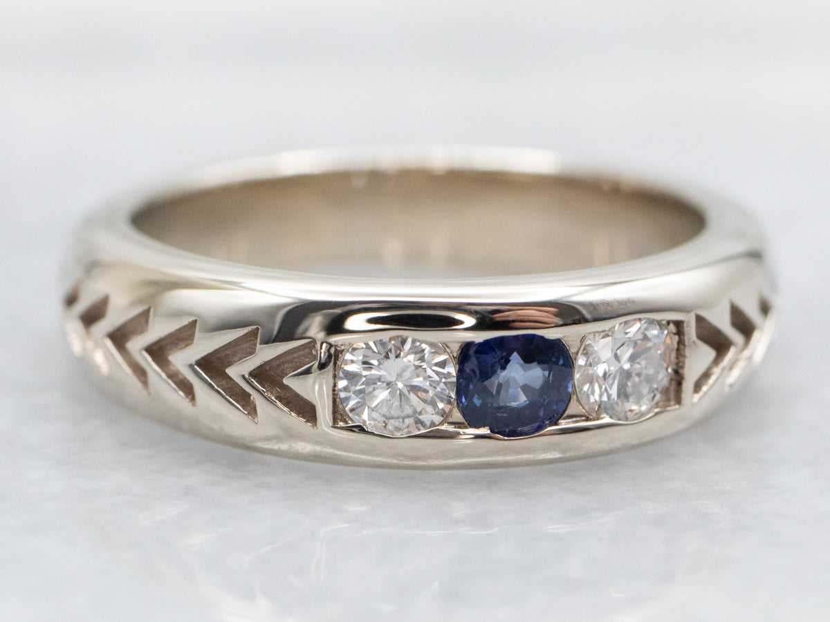 Etched Sapphire and Diamond Wedding Band