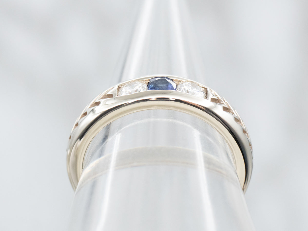 Etched Sapphire and Diamond Wedding Band