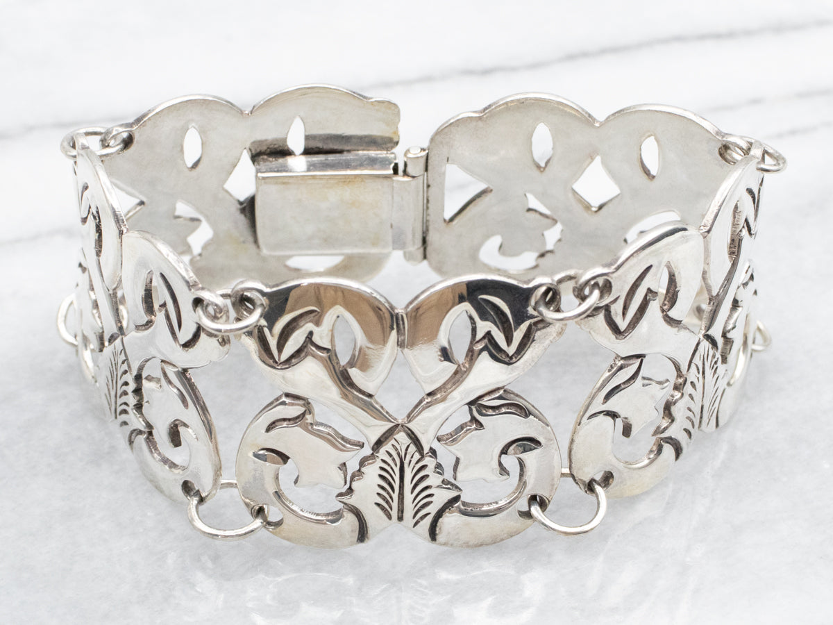 Sterling Silver Mexican Wide Botanical Style Panel Link Bracelet