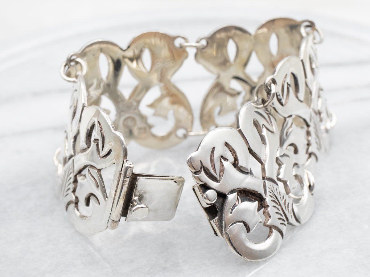 Sterling Silver Mexican Wide Botanical Style Panel Link Bracelet