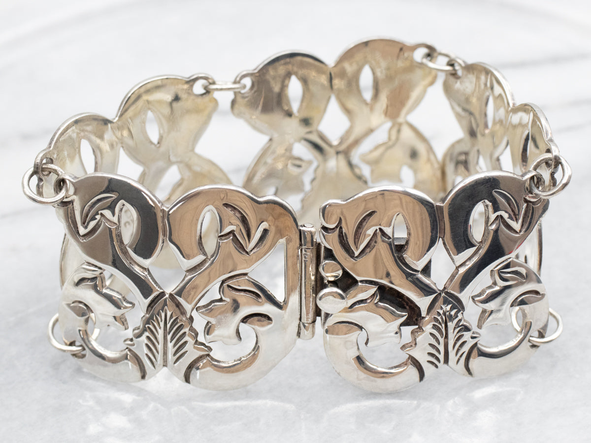 Sterling Silver Mexican Wide Botanical Style Panel Link Bracelet