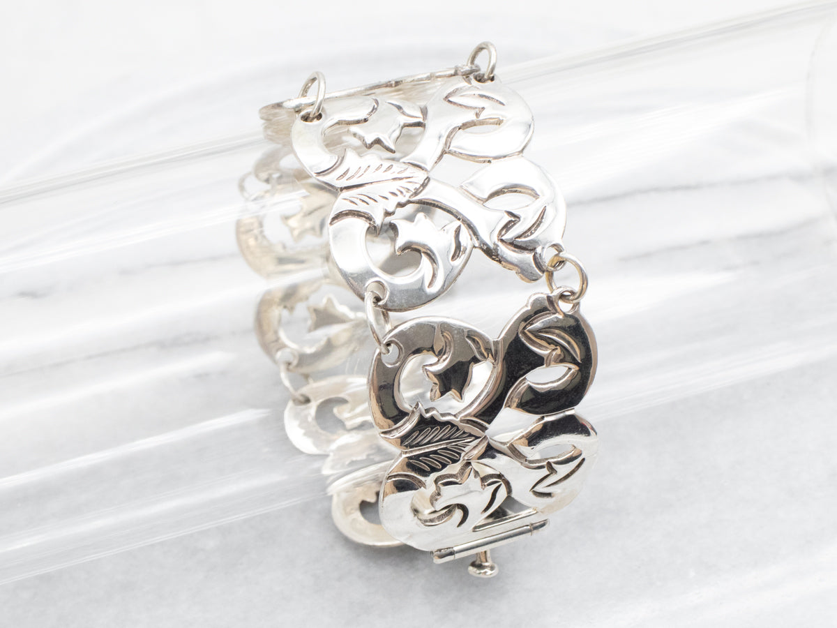 Sterling Silver Mexican Wide Botanical Style Panel Link Bracelet