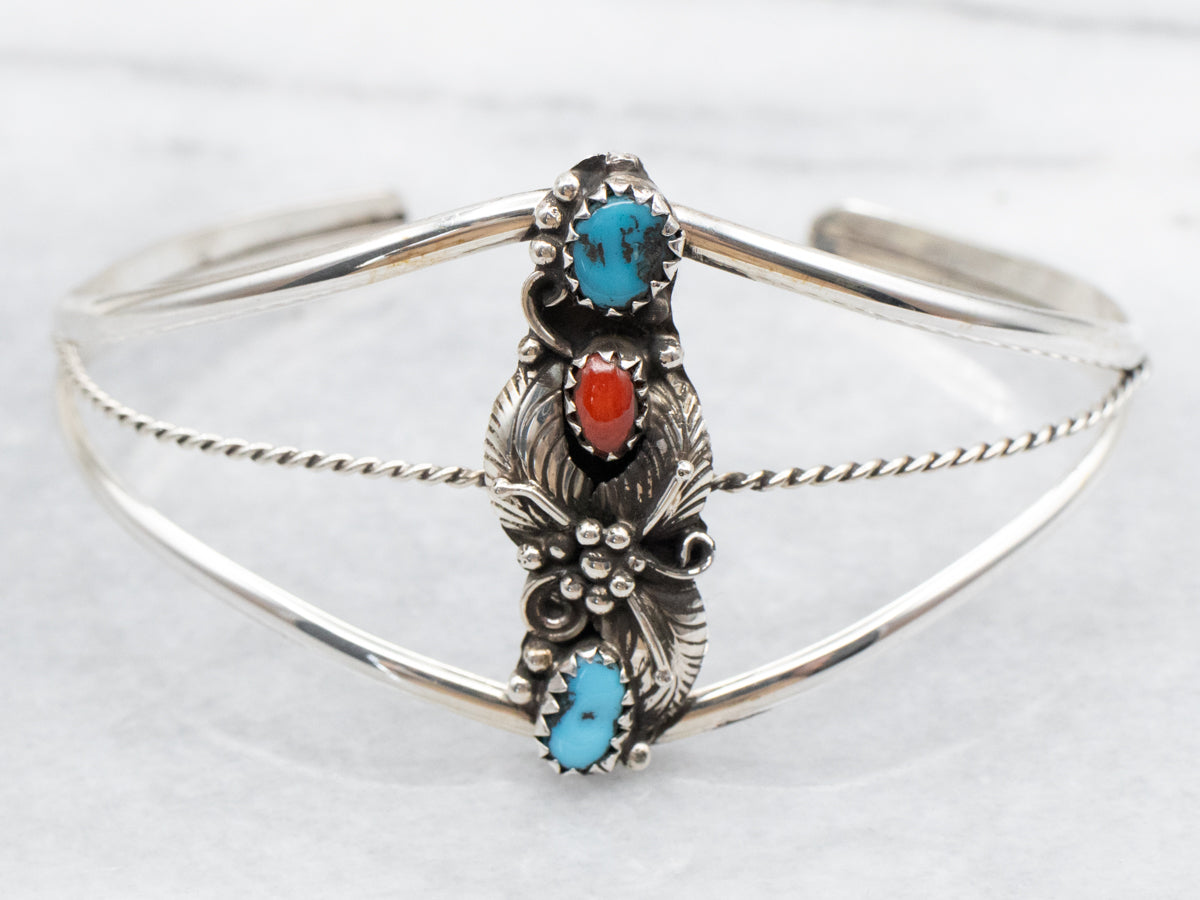 South-West Style Turquoise and Coral Cuff Bracelet