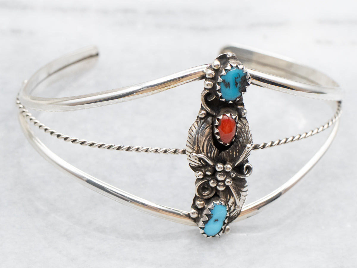 South-West Style Turquoise and Coral Cuff Bracelet