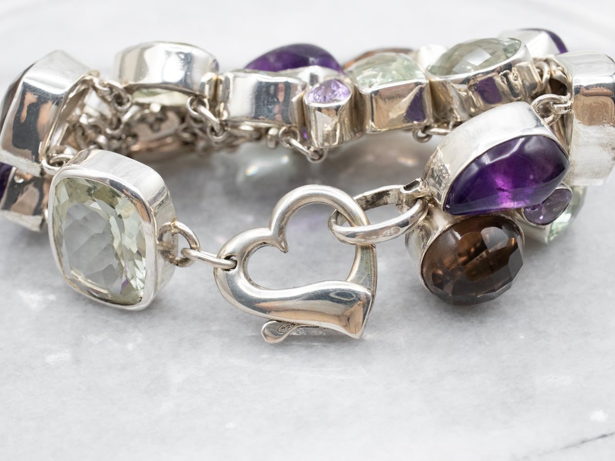 Sterling Silver Chunky Quartz Gemstone Bracelet with Heart Clasp