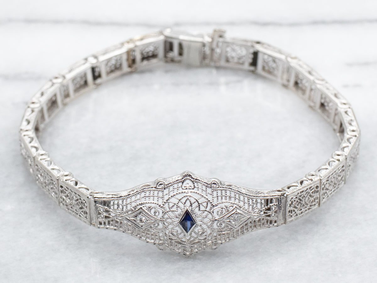 Art Deco Synthetic Sapphire and Diamond Filigree Bracelet