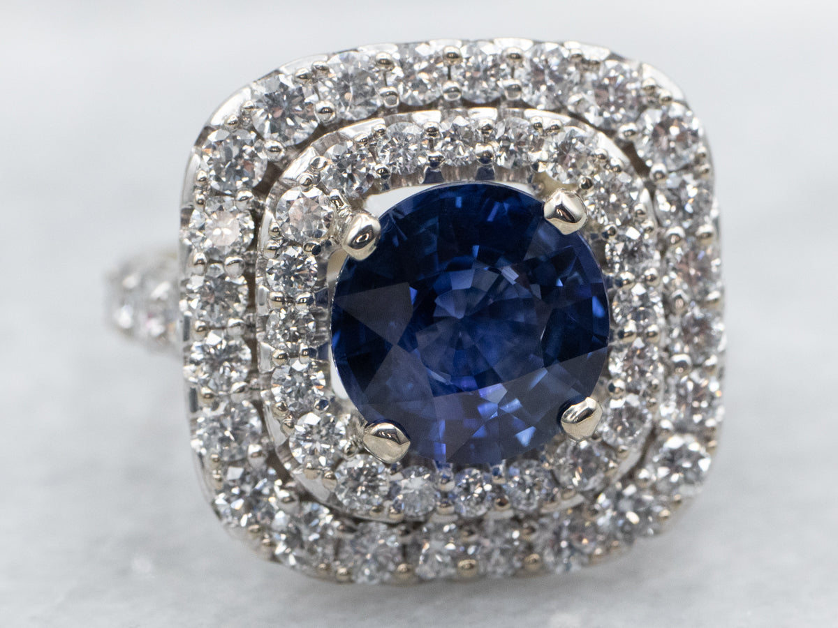 Modern Sapphire and Double Halo Diamond Engagement Ring