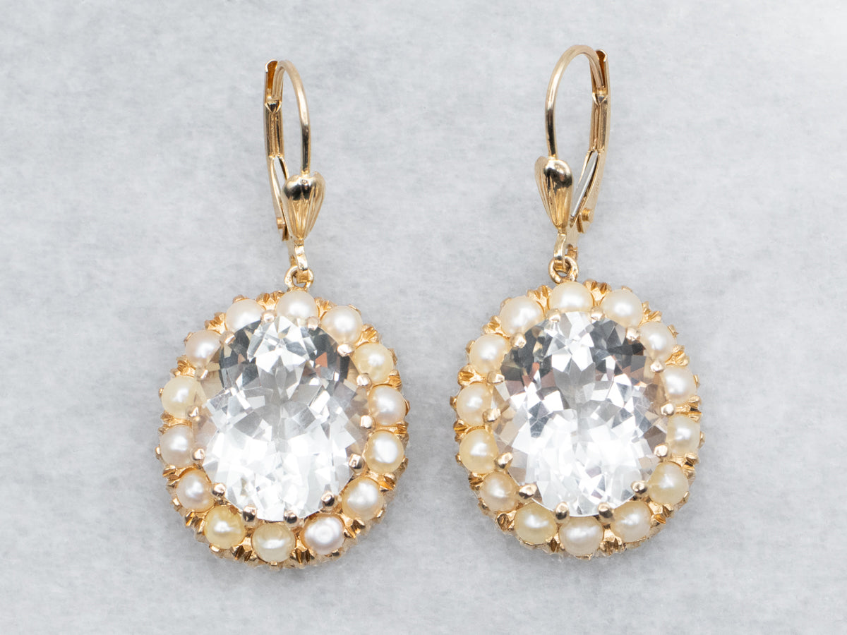 White Topaz Drop Earrings with Pearl Halo