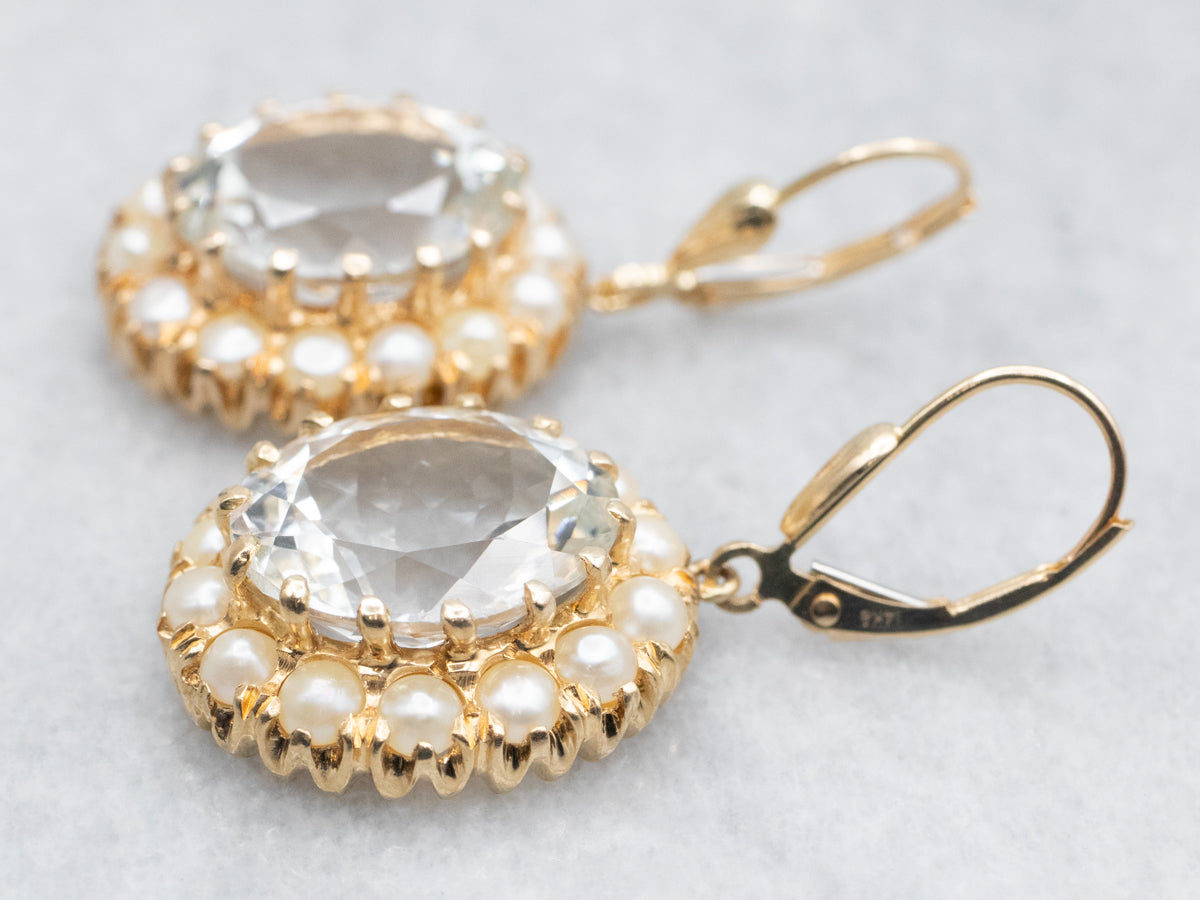 White Topaz Drop Earrings with Pearl Halo