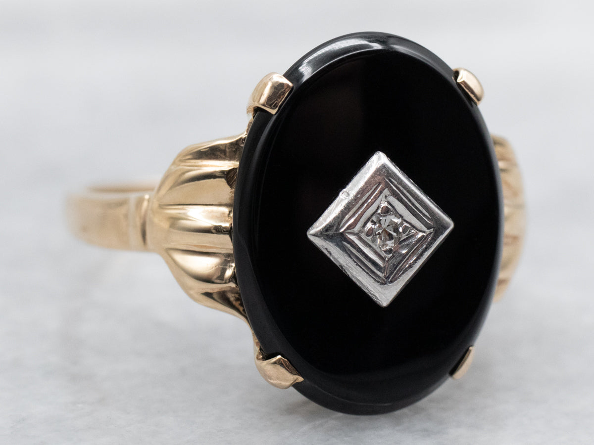 Retro Black Onyx and Diamond Ring