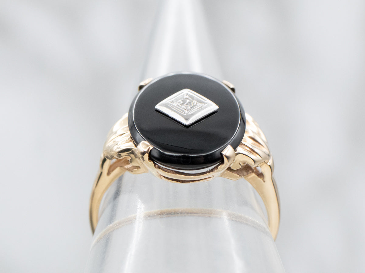 Retro Black Onyx and Diamond Ring