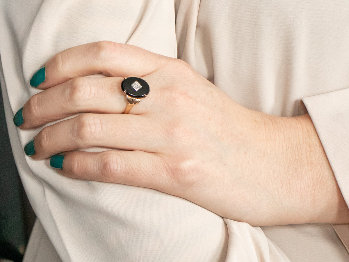 Retro Black Onyx and Diamond Ring