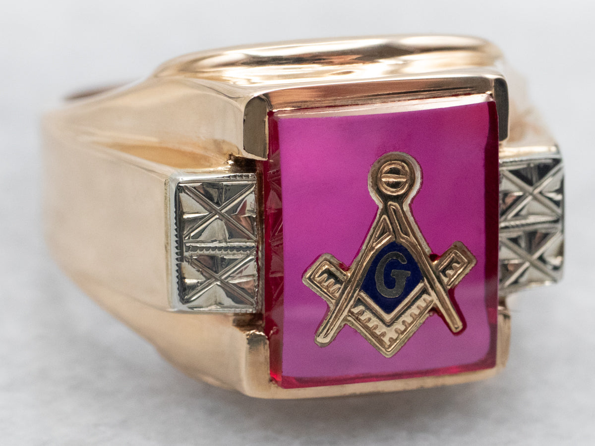 Men's Vintage Gold Synthetic Ruby Masonic Ring