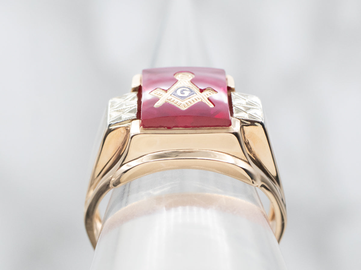 Men's Vintage Gold Synthetic Ruby Masonic Ring