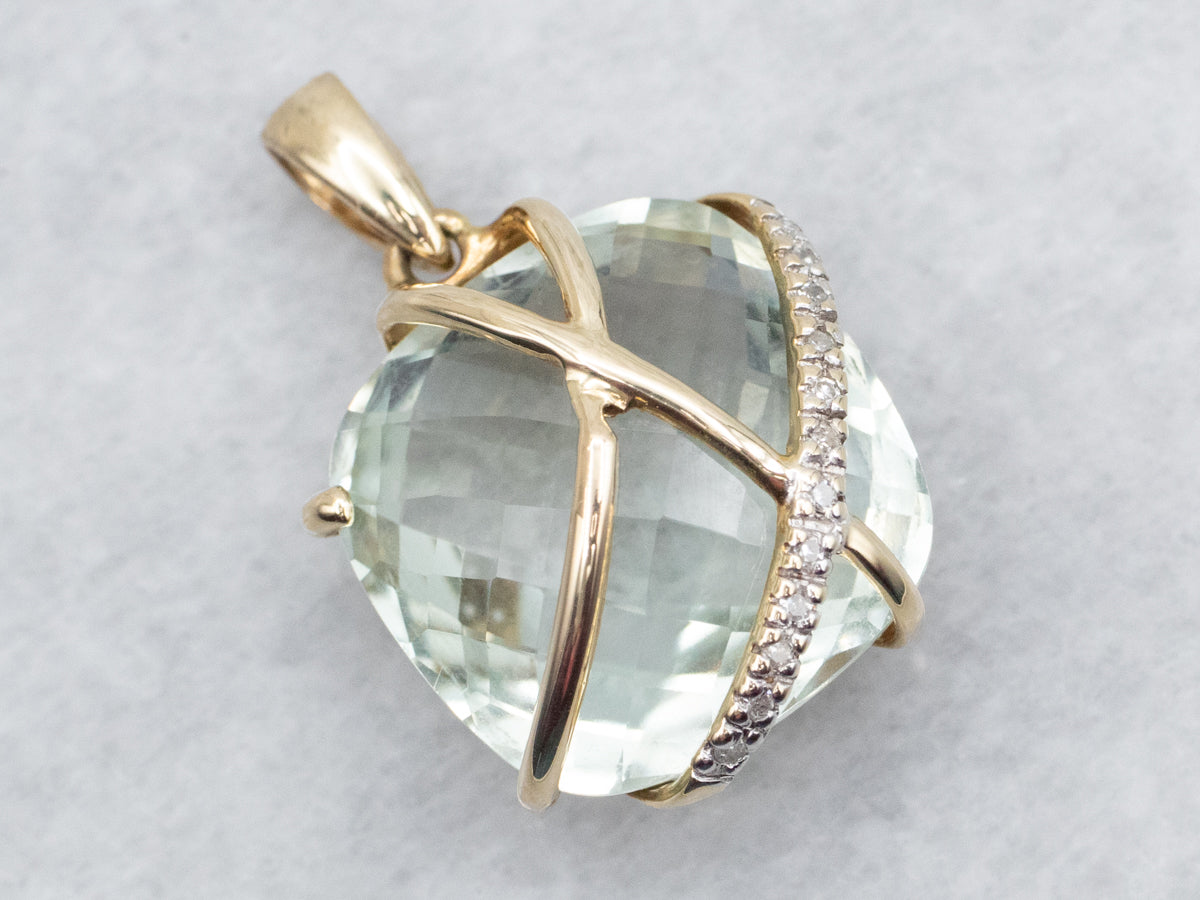 Gold Prasiolite Quartz and Diamond Pendant