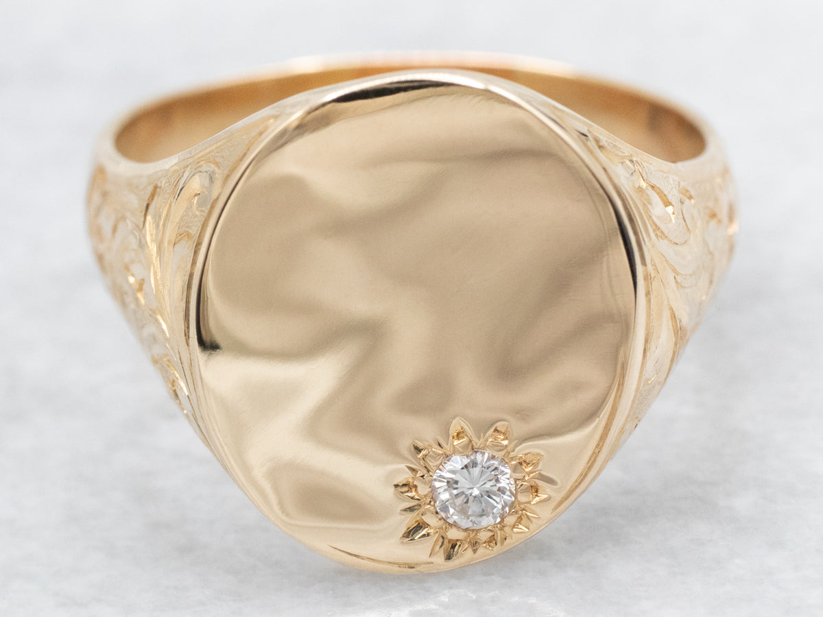 Yellow Gold Engravable Signet Ring with Oval Top and Diamond Accent