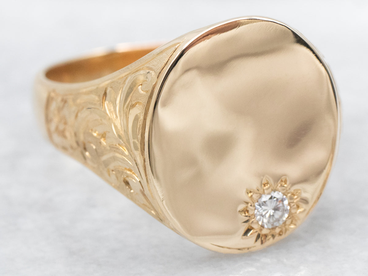 Yellow Gold Engravable Signet Ring with Oval Top and Diamond Accent