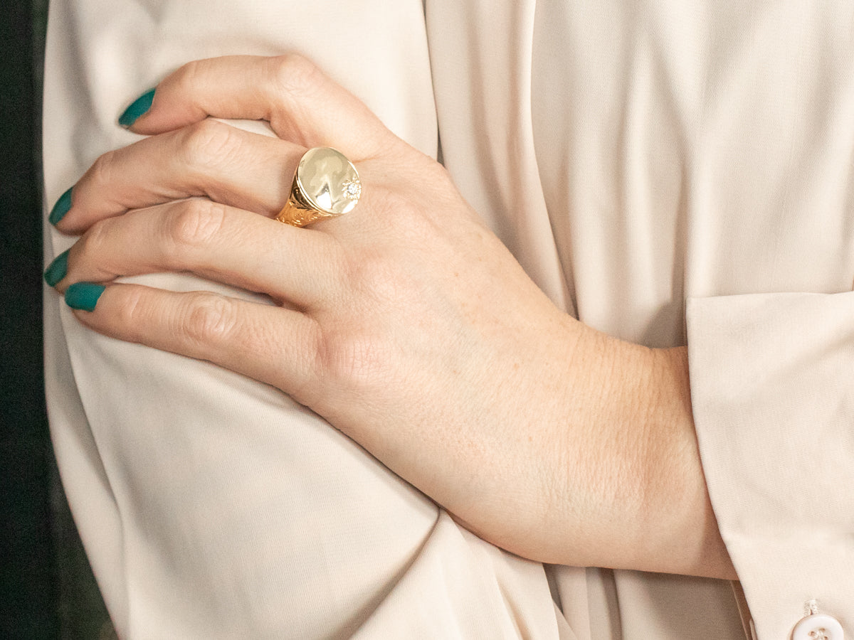 Yellow Gold Engravable Signet Ring with Oval Top and Diamond Accent