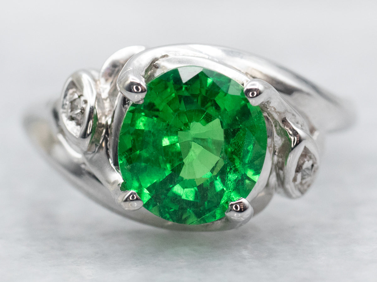 Fine Green Tsavorite Garnet and Diamond Ladies Bypass Ring