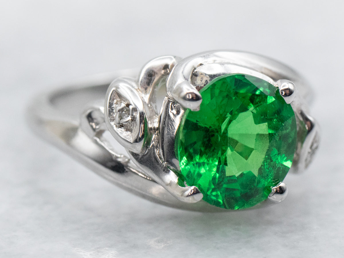 Fine Green Tsavorite Garnet and Diamond Ladies Bypass Ring