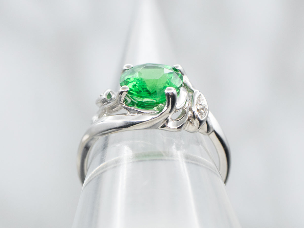 Fine Green Tsavorite Garnet and Diamond Ladies Bypass Ring