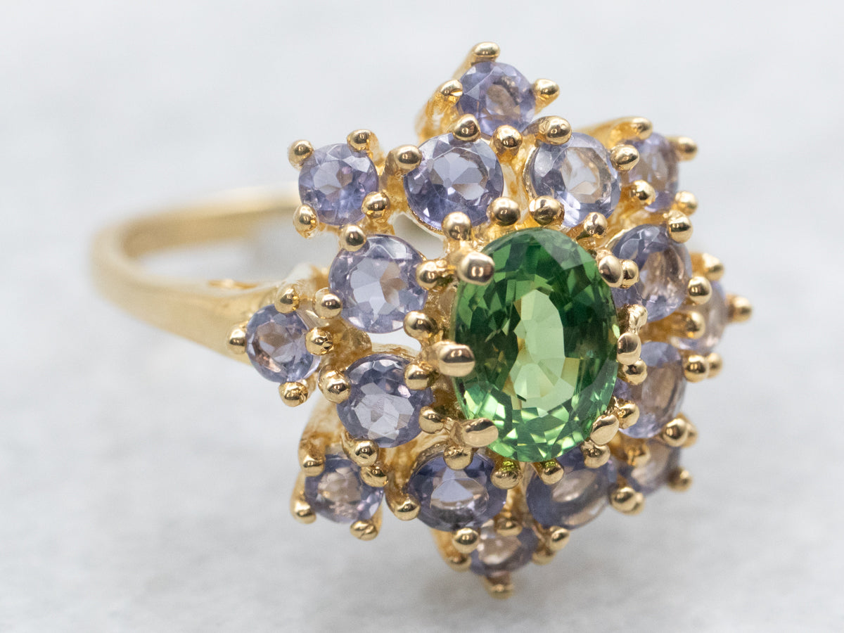 Unusual Teal Green Sapphire Tanzanite Halo Cocktail Ring