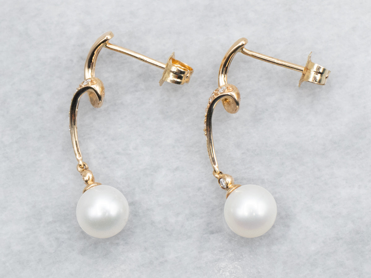 Ribbon Twist Saltwater Pearl and Diamond Drop Earrings