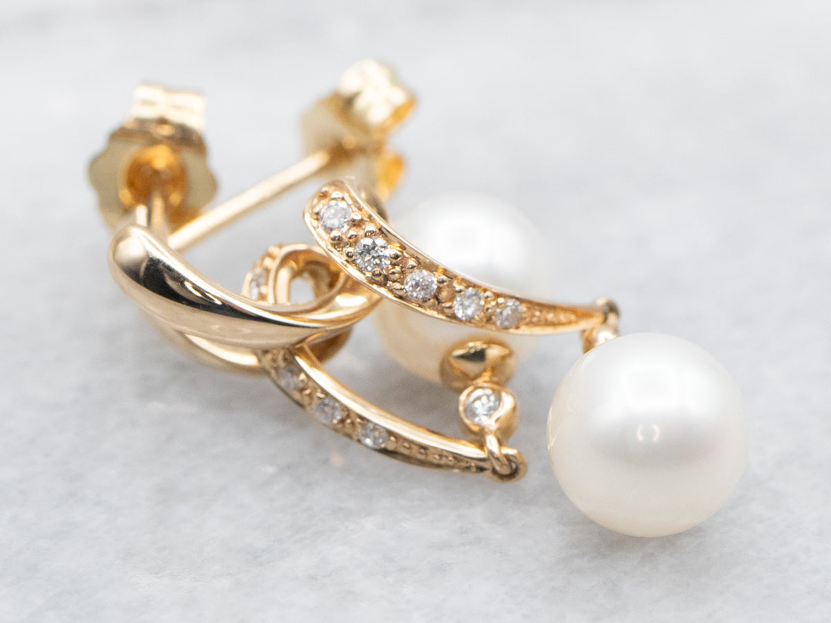 Ribbon Twist Saltwater Pearl and Diamond Drop Earrings