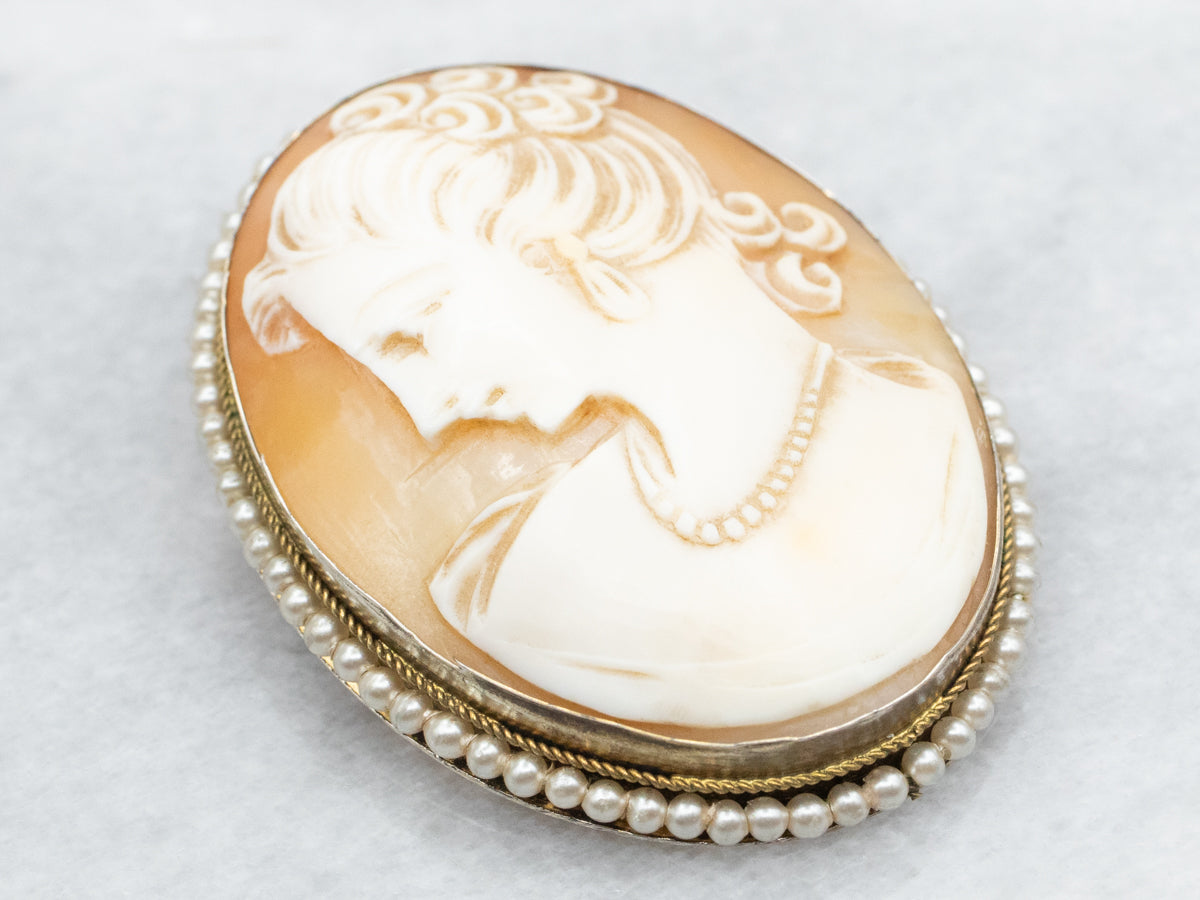 Rare Antique Cameo Seed Pearl Brooch or Pendant