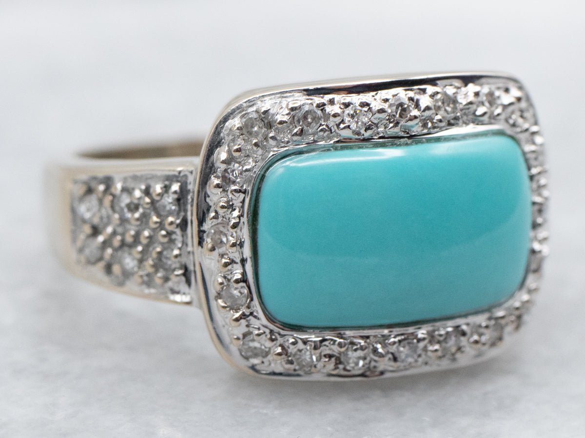 Modern Turquoise and Diamond Halo Ring