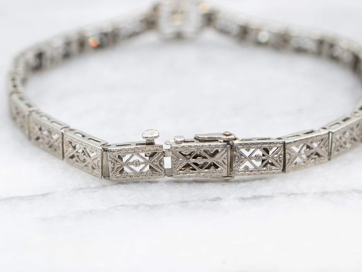 Art Deco White Gold Diamond Filigree Link Bracelet