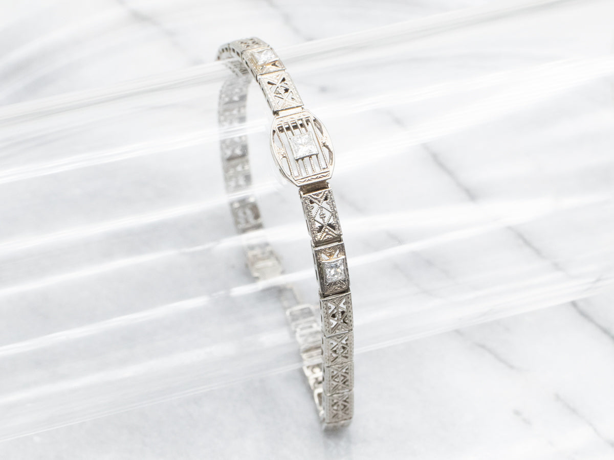 Art Deco White Gold Diamond Filigree Link Bracelet