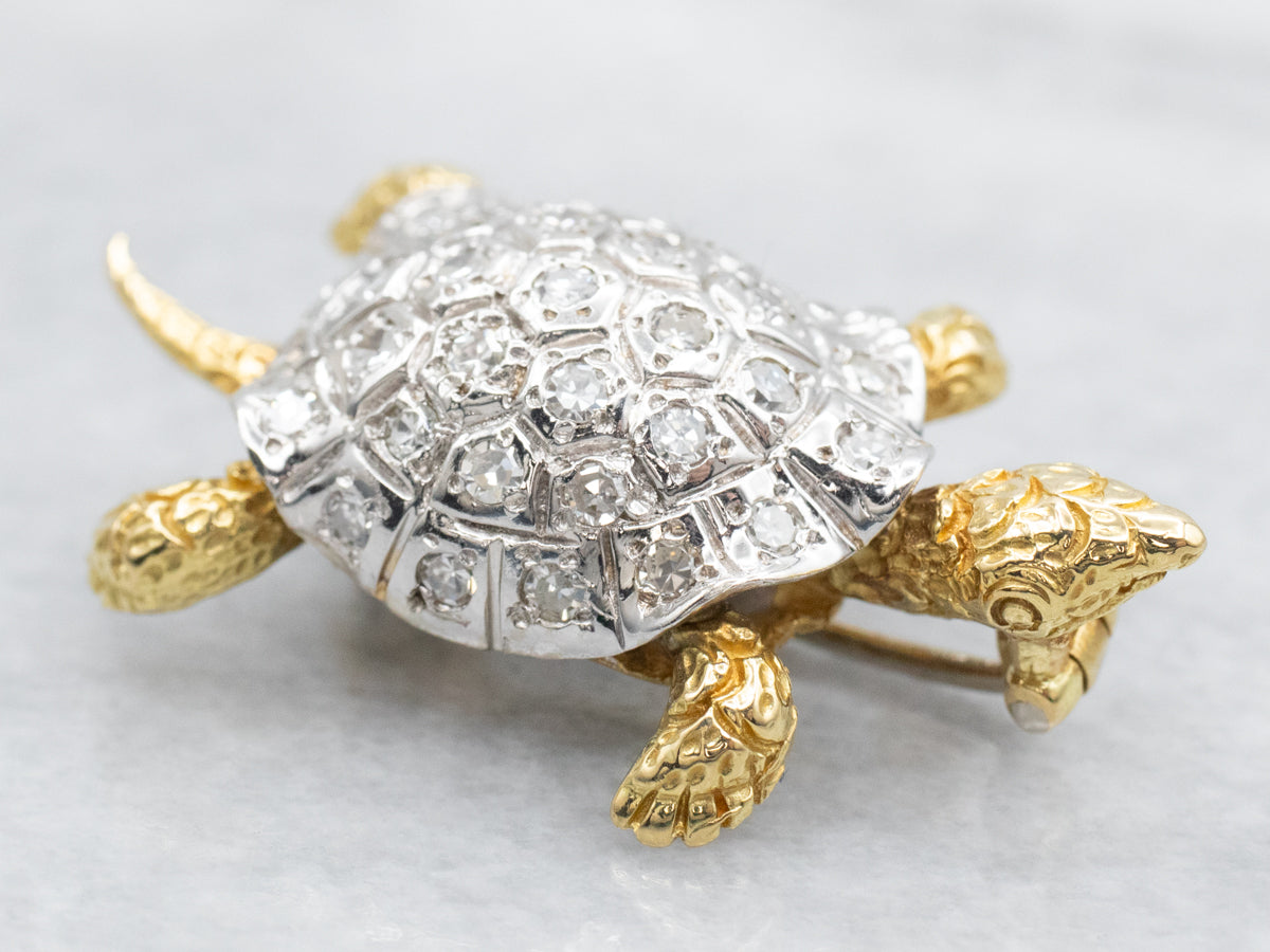 Two Tone Gold Diamond Turtle Brooch