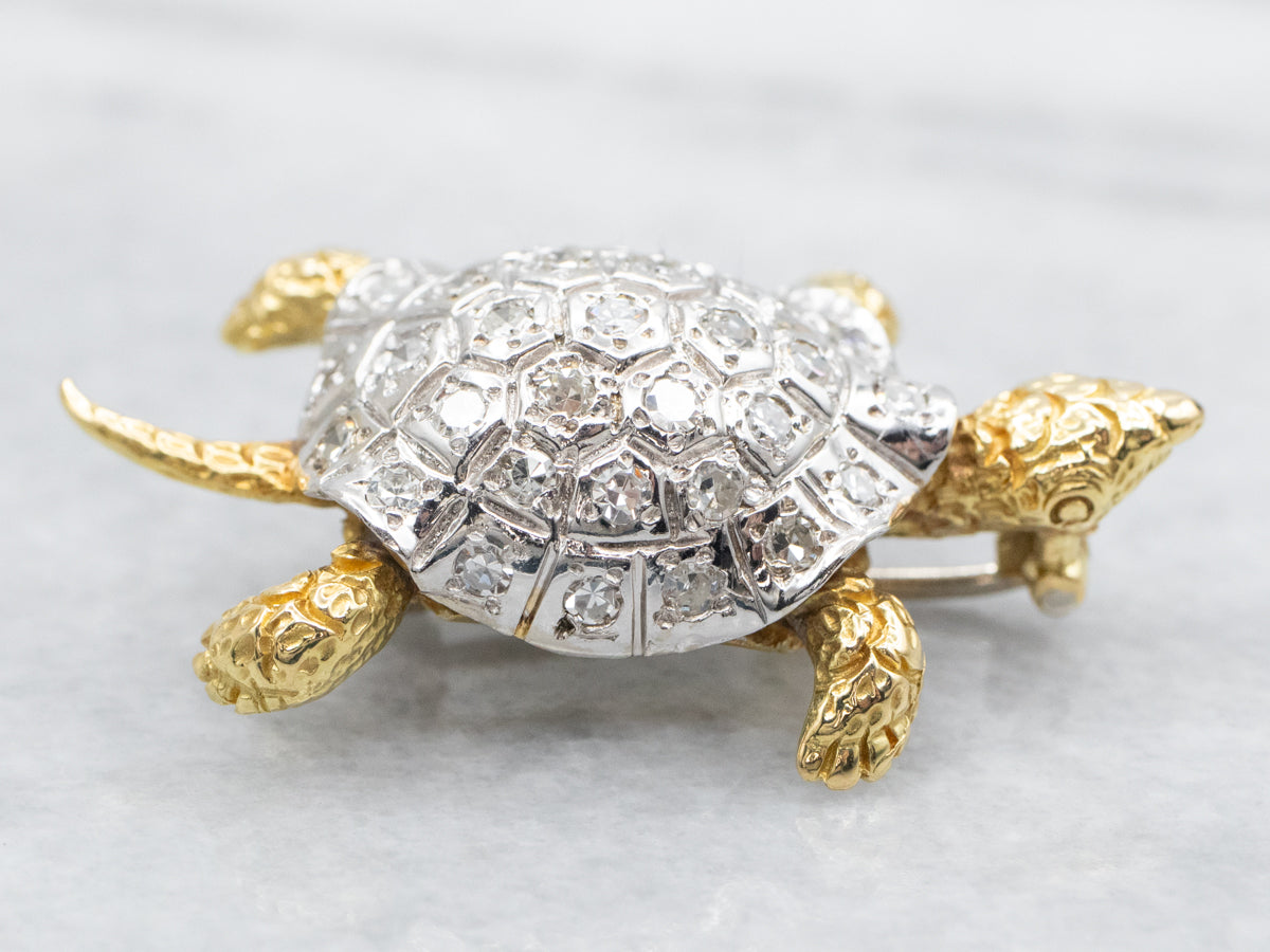 Two Tone Gold Diamond Turtle Brooch